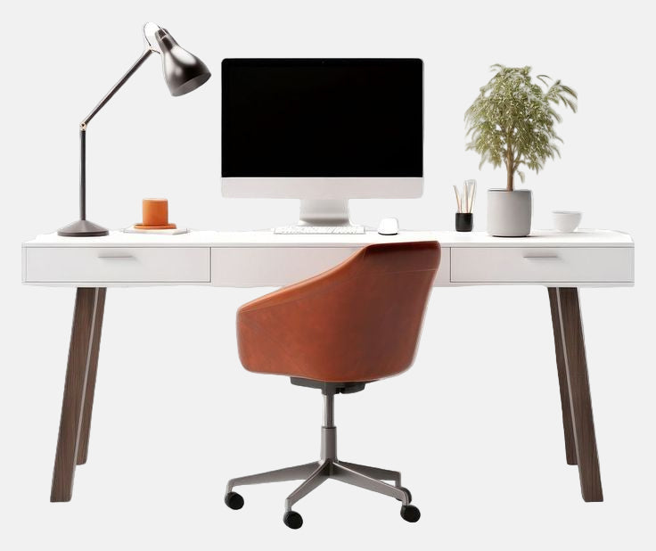 Een ergonomisch kantoor met een mooi houten bureau.