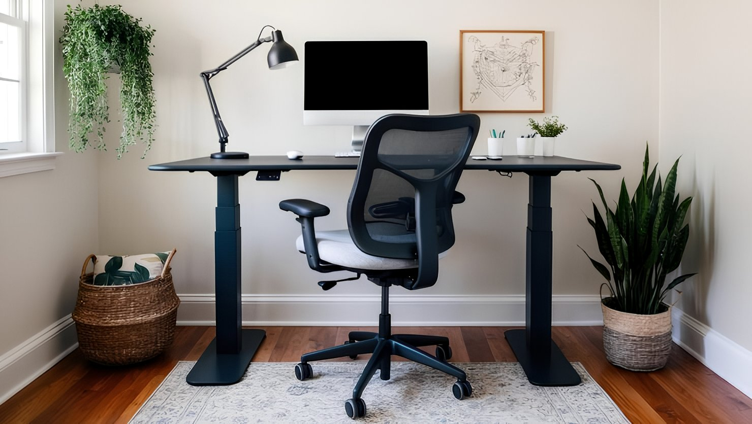 Een ergonomische werkplek met een zit-sta bureau en ergonomische bureaustoel.