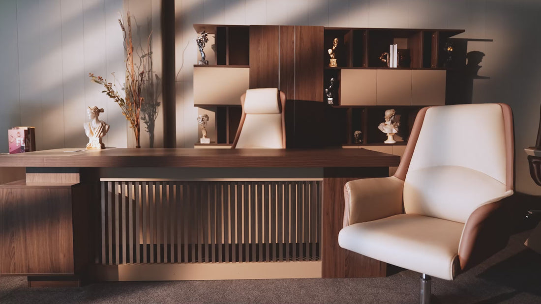 Video in een kantoor met ergonomische bureaustoelen, luxe bureaus, opbergruimtes, boekenkasten en nog meer.